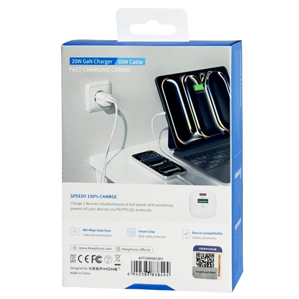 Сетевое зар. устр. Keephone Thomas KP-EB009 1USB+1C 20W Gan с кабелем Type-C на Type-C белое