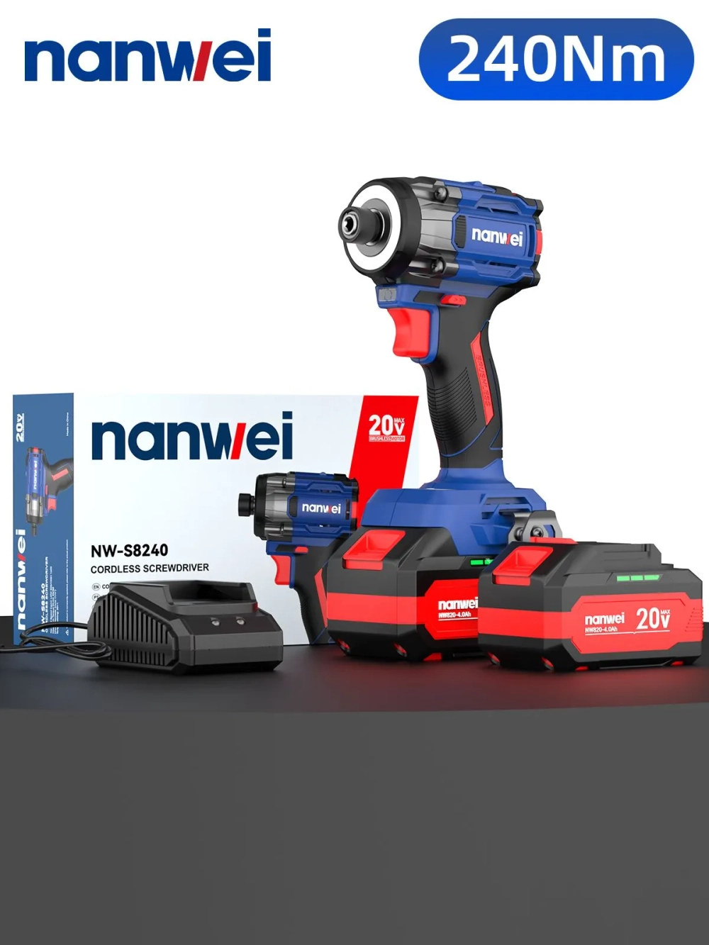 Винтоверт ударный аккумуляторный Nanwei NW-S8240-4, 240 Нм, 20 В, 4Ah*2