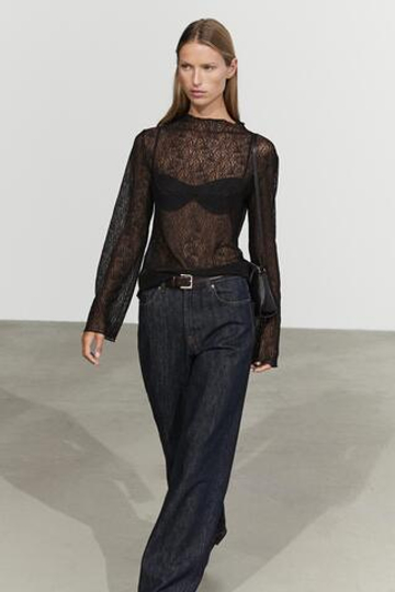 Massimo Dutti Полупрозрачная футболка с кружевом, черный