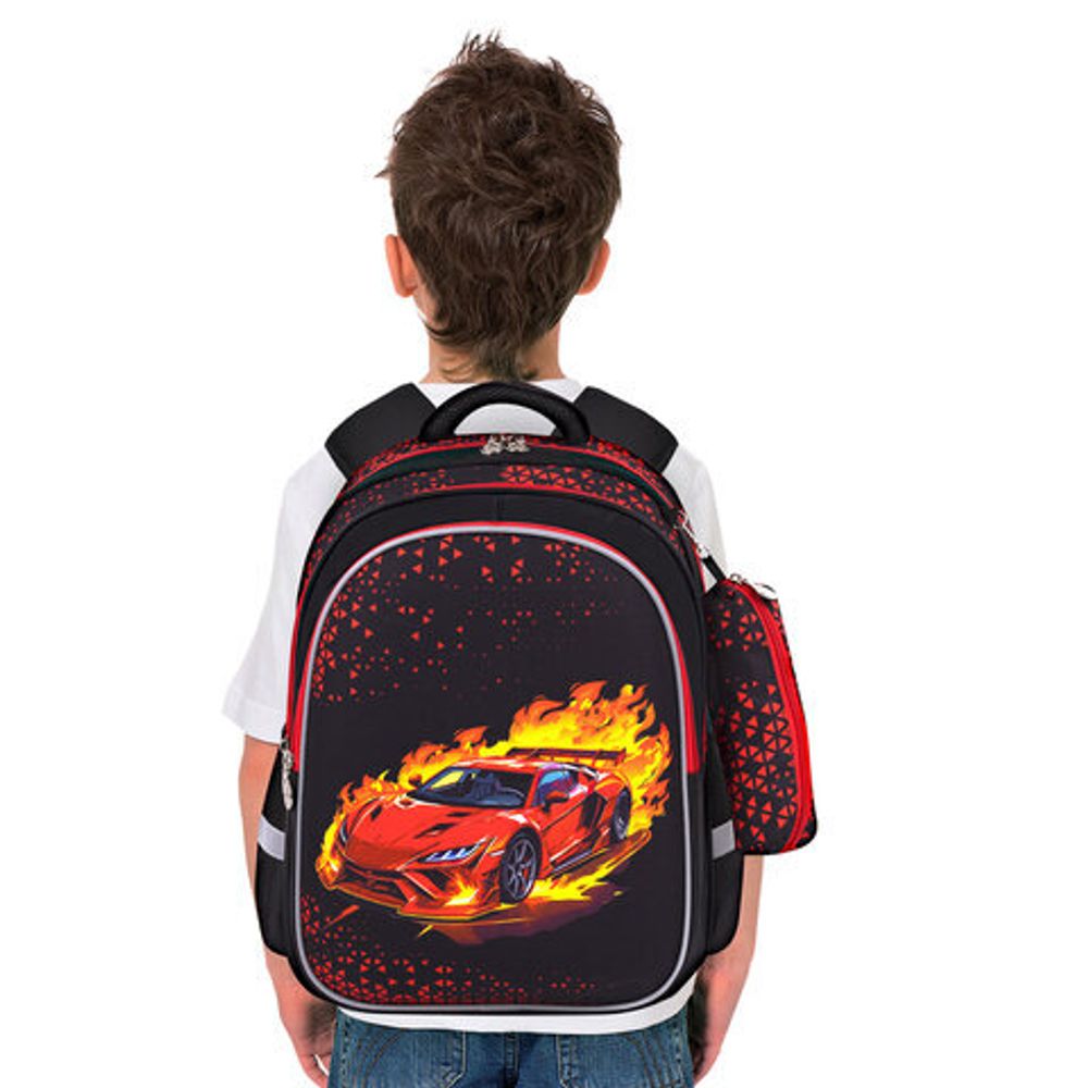 Рюкзак BRAUBERG KIDS MIND с пеналом в комплекте, 2 отделения, "Fiery Road", 40х28х18 см, 273177