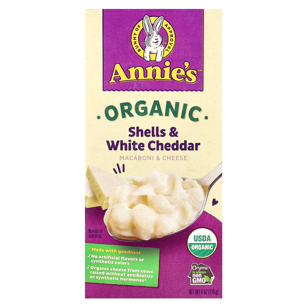 Annie's Homegrown, Органические макароны с сыром, скорлупа и белый чеддер, 170 г (6 унций)