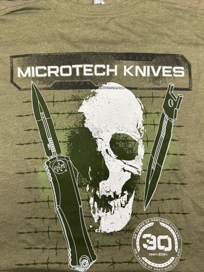 Футболка мужская, зеленая юбилейная 30лет,перед-лого Microtech,спина-череп и нож с лого, размер L