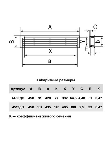 Решетка вентиляционная ДП фланец 432х117 переточная 450х131 пластик ERA