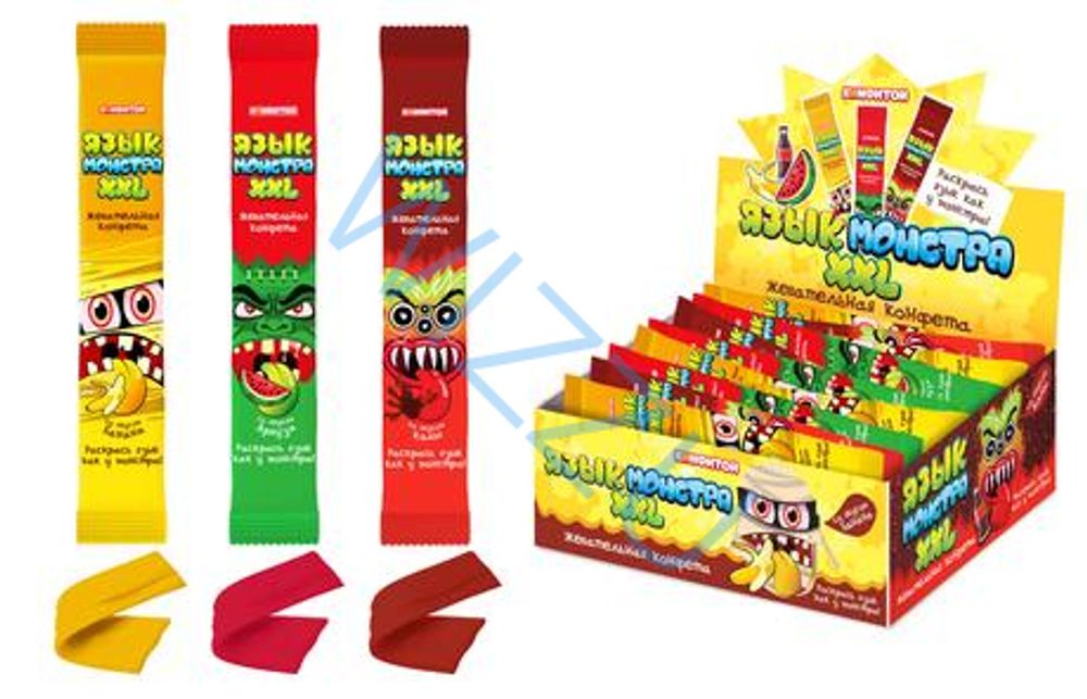 ЯЗЫК МОНСТРА XXL жевательная конфета (арбуз, кола, банан), блок 75 шт. (20г х 75 х 9)