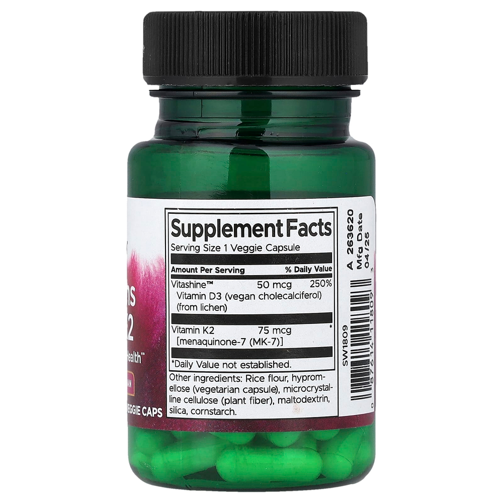 Swanson Vitamins, Витамины D3 и K2, 60 растительных капсул