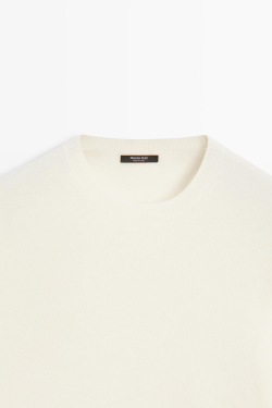Massimo Dutti Вязаный свитер с круглым вырезом из смесовой шерсти, натуральный/кремовый