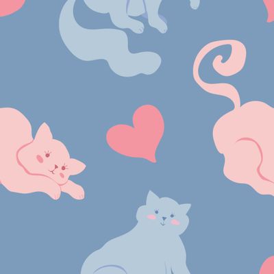 Милые зефирные котики с сердечками на голубом фоне. Cute marshmallow cats with hearts on blue background