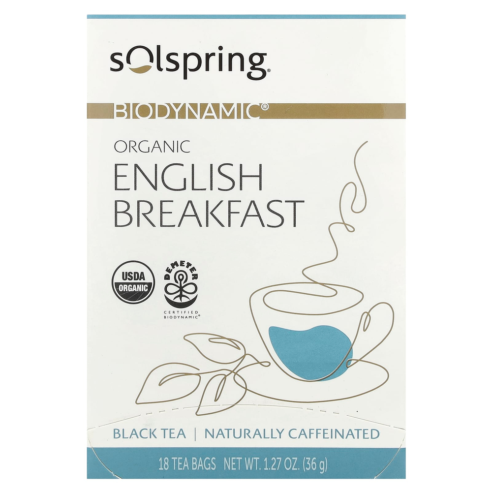 Dr. Mercola, Solspring®, Biodynamic®, органический черный чай, английский завтрак, 18 чайных пакетиков, 36 г (1,27 унции)