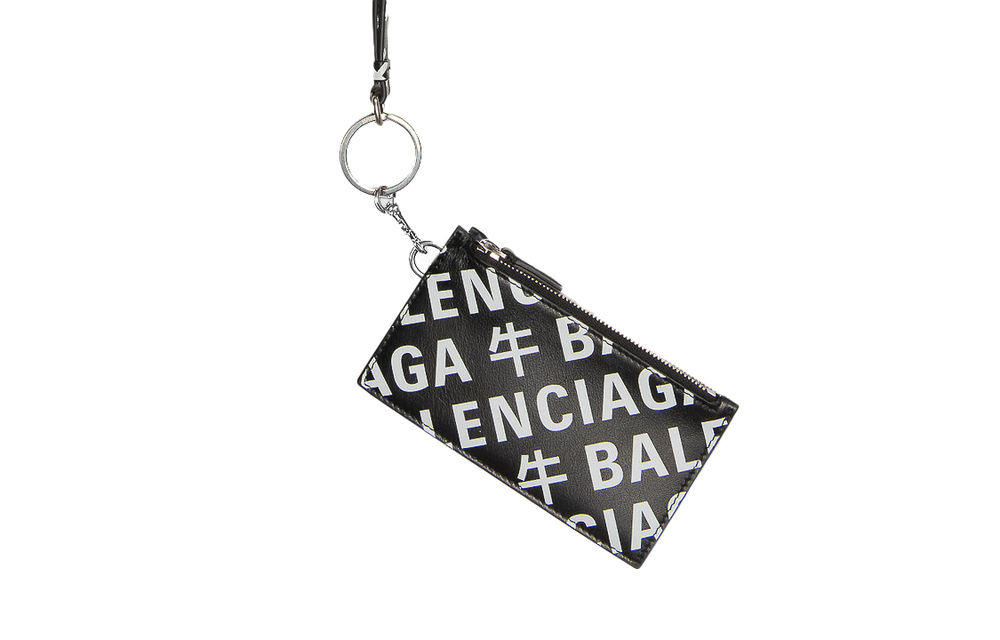 Balenciaga Letter Print Cow Leather Key Pouch Regular Unisex Black