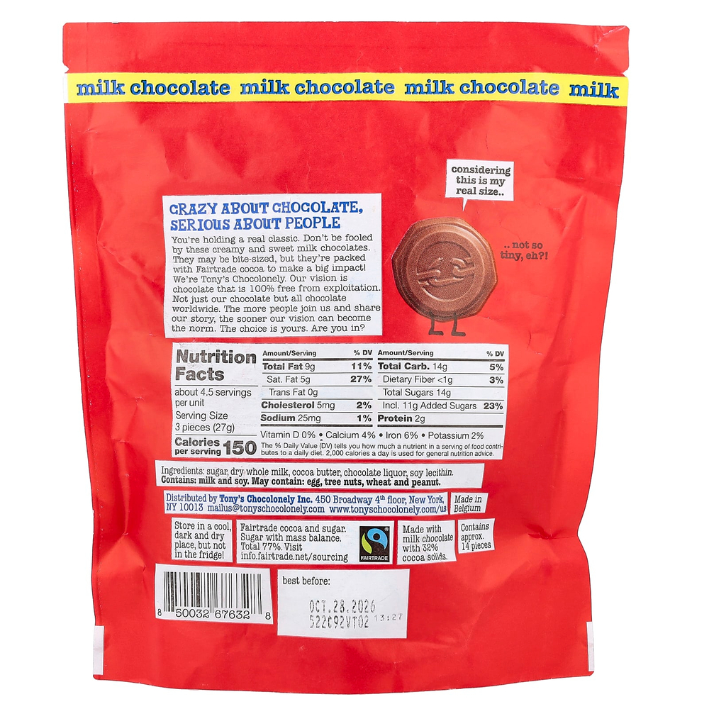Tony's Chocolonely, крошечный молочный шоколад, 14 шт. по 9 г (0,32 унции)