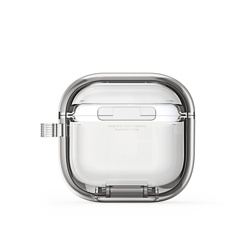 Чехол серый тонированный с магнитным замком для наушников AirPods 4, серия PECR Series Case, в комплекте с карабином