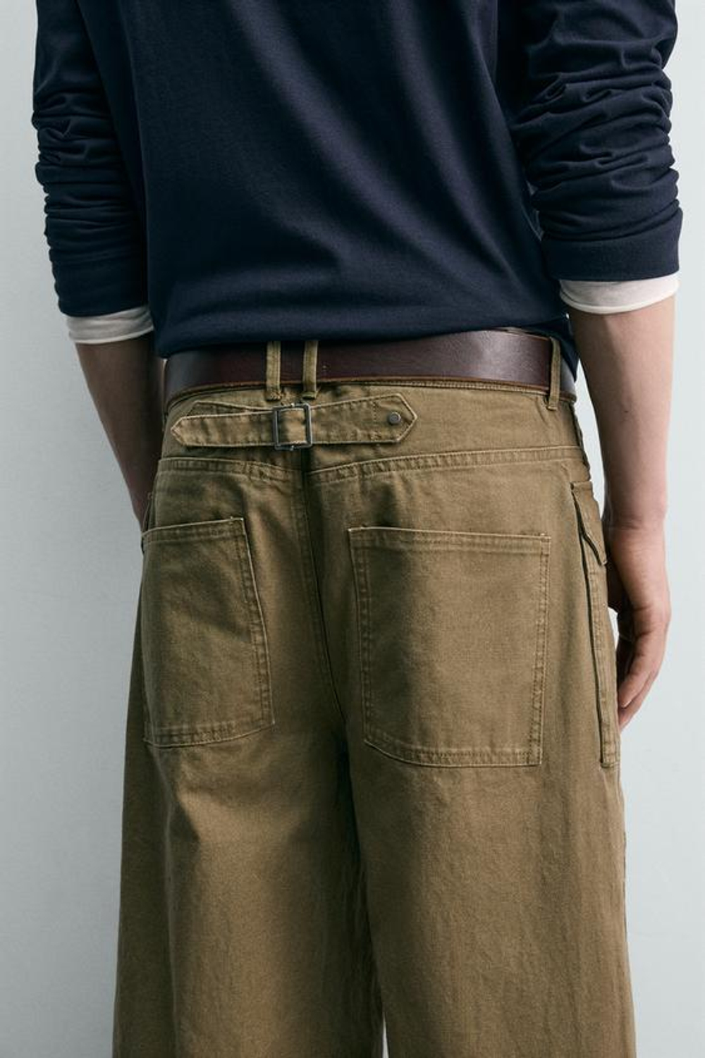 ZARA БРЮКИ WIDE FIT СО ШЛЕВКОЙ, ХАКИ