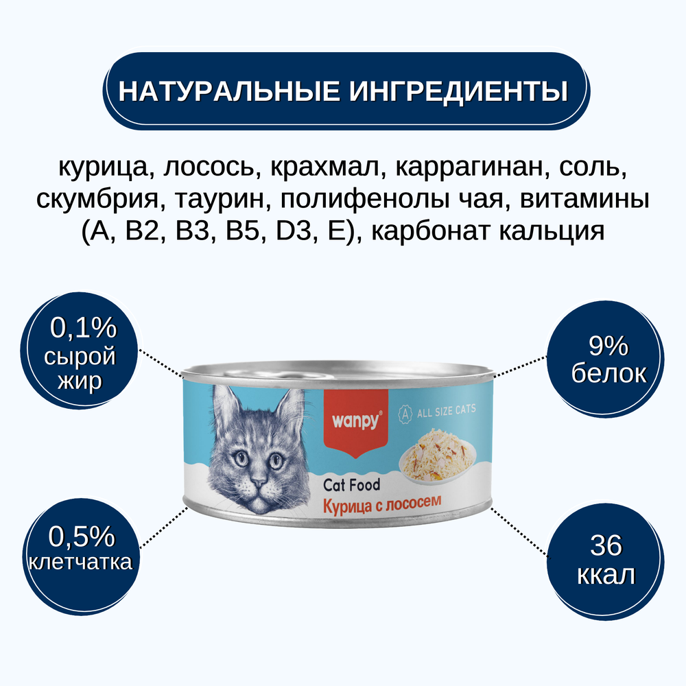 Wanpy Cat Консервы для кошек "Курица с лососем" 24 шт по 95 г