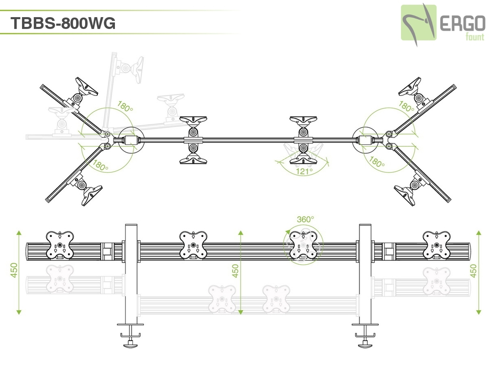ErgoFount TBBS-800WG Настольное крепление back-to-back для 8 мониторов диагональю до 24'' конфигурации 1х4 со струбциной к столу типа "G". Цвет - серебристый