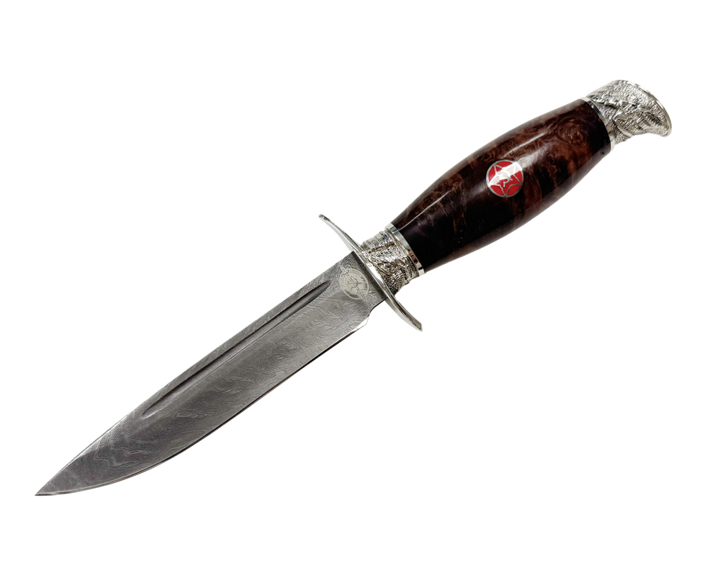 Нож Финка НКВД со звездой, дамасская сталь, карельская береза коричневая, мельхиор