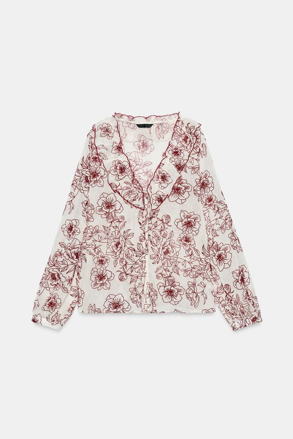 ZARA БЛУЗА С ЦВЕТОЧНЫМ ПРИНТОМ И ВОЛАНАМИ, ЭКРЮ/ГРАНАТОВЫЙ