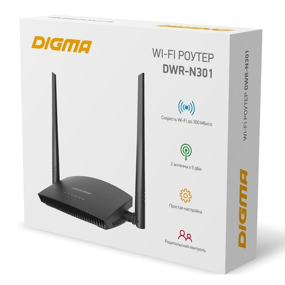 Маршрутизатор Digma, 802.11n, 2.4ГГц, 300 Мбит/с, 4xLAN, 100Мбит/сек (DWR-N301)