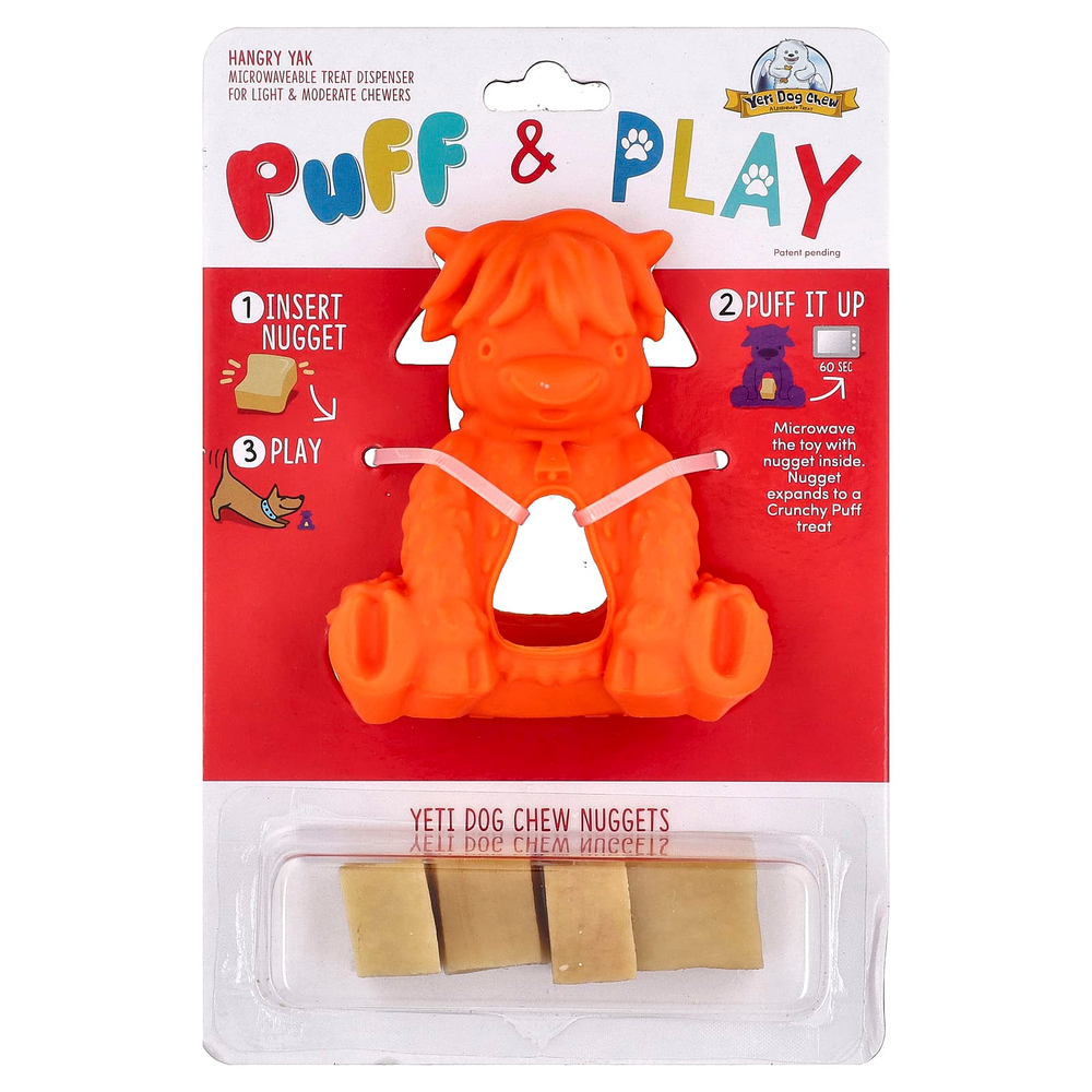 Yeti Dog Chew, Puff & Play, жевательные конфеты для собак, апельсин, 4 жевательных конфеты, 1 дозатор