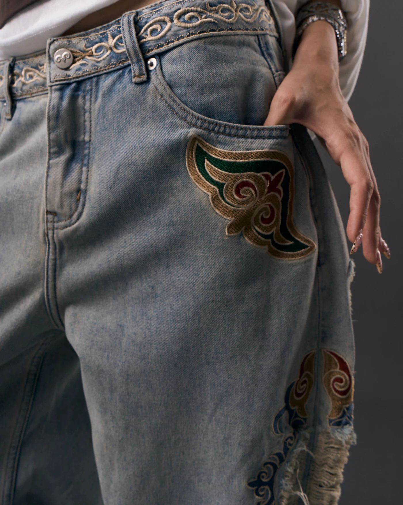 Vintage Grey Blue Jeans with Embroidery and Artistic Distressing