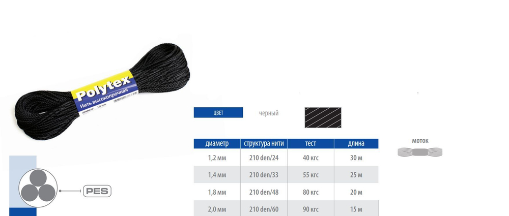 Нитки полиэфирные Петроканат Polytex, 100 г, 210 den/9 (0,70 мм), белые