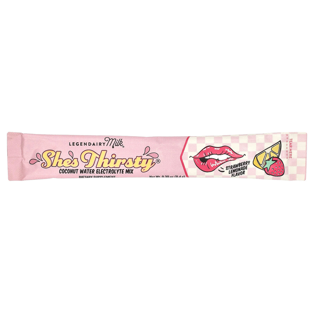 Legendairy Milk, She's Thirsty®, смесь электролитов с кокосовой водой, со вкусом клубничного лимонада (коробка), 18 стиков по 8,4 г (0,3 унции)