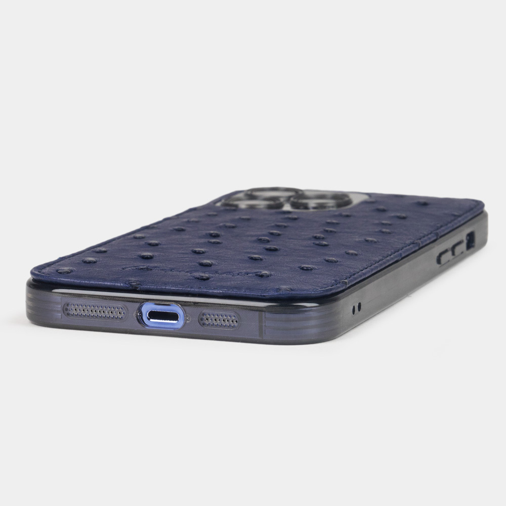 Чехол для iPhone 14 Pro из кожи страуса, синего цвета