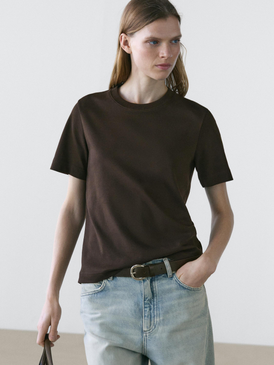 Massimo Dutti Футболка интерлок, короткие рукава, коричневый