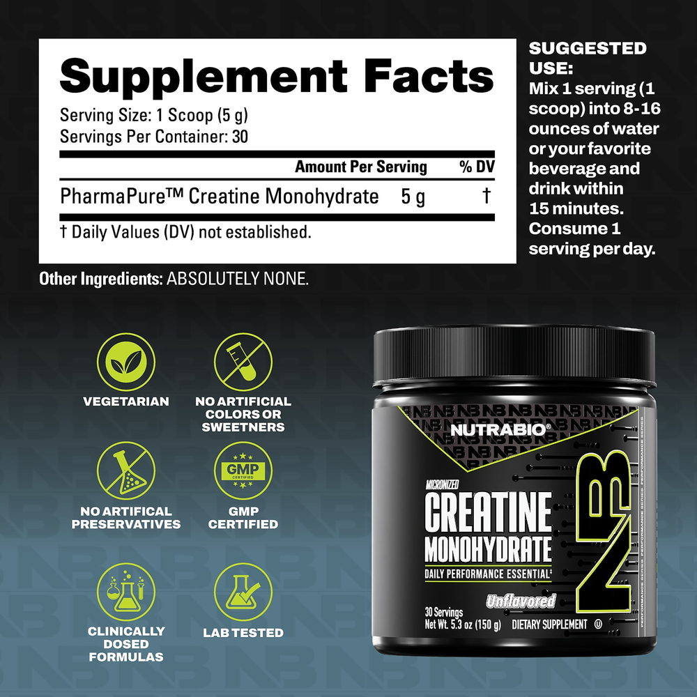 NutraBio, Performance, микронизированный моногидрат креатина, 150 г (5,3 унции)