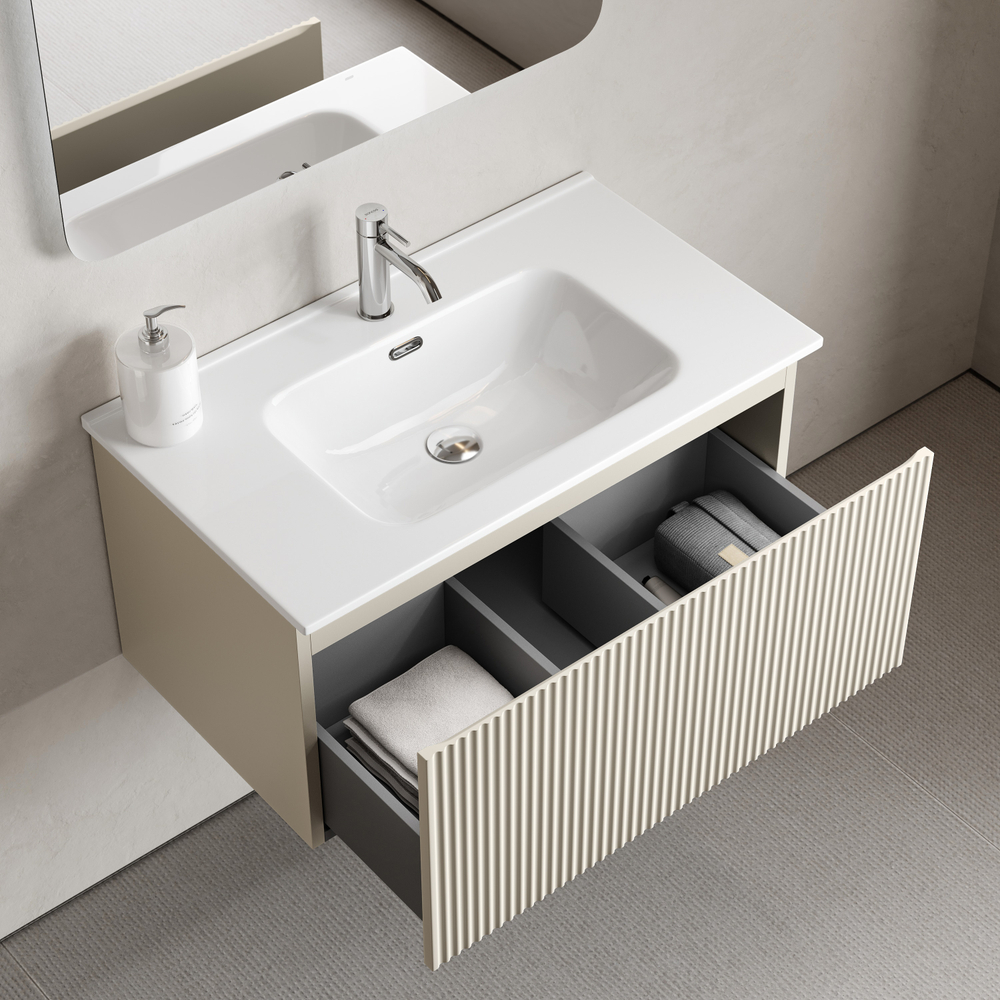 Тумба подвесная SANCOS Сноб Р 1.0 (Snob R 1.0) 790х445х406, c одним ящиком оснащенным доводчиками, Бежевый матовый (Beige Soft), арт.SNR1.080CE