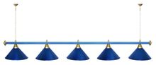 Лампа STARTBILLIARDS 5 пл. (плафоны голубые,штанга голубая,фурнитура золото)