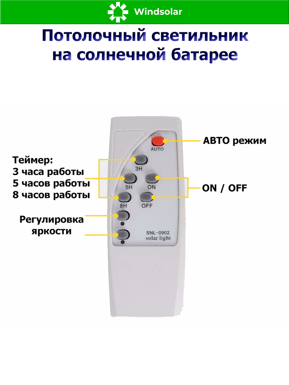 Потолочный светильник на солнечной батарее (Солнечная панель 3W, кронштейн, пульт)