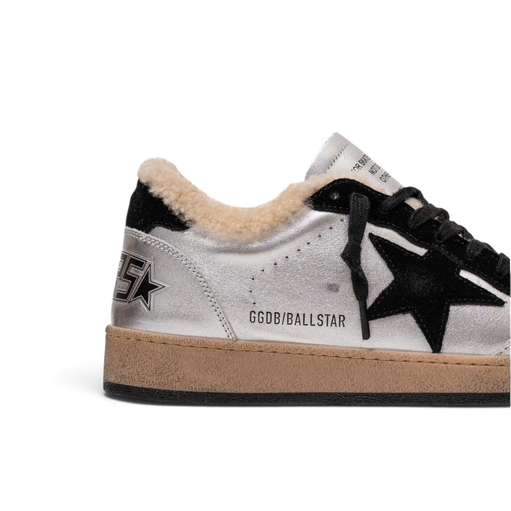 Women’s Ball Star in Silver Laminated Leather With Shearling Lining and Black Suede Star