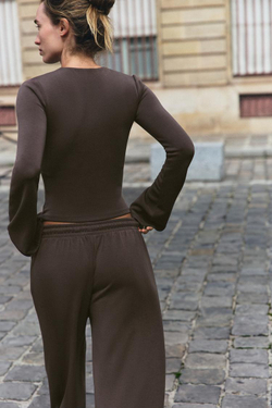 ZARA ФУТБОЛКА С ШИРОКИМИ ДЛИННЫМИ РУКАВАМИ, СЕРОВАТО-КОРИЧНЕВЫЙ