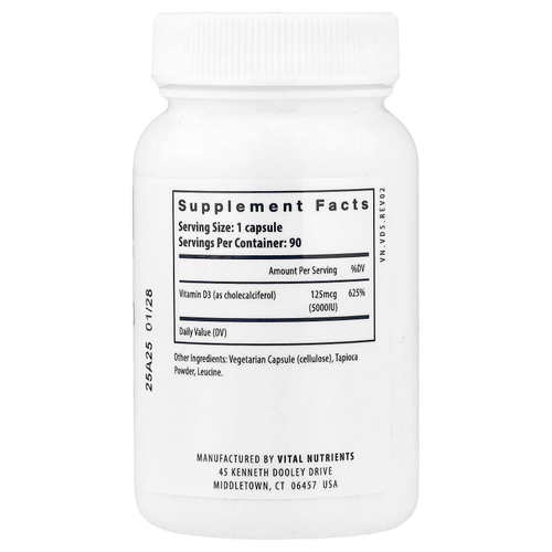 Vital Nutrients, Витамин D3, 5000 МЕ, 90 вегетарианских капсул