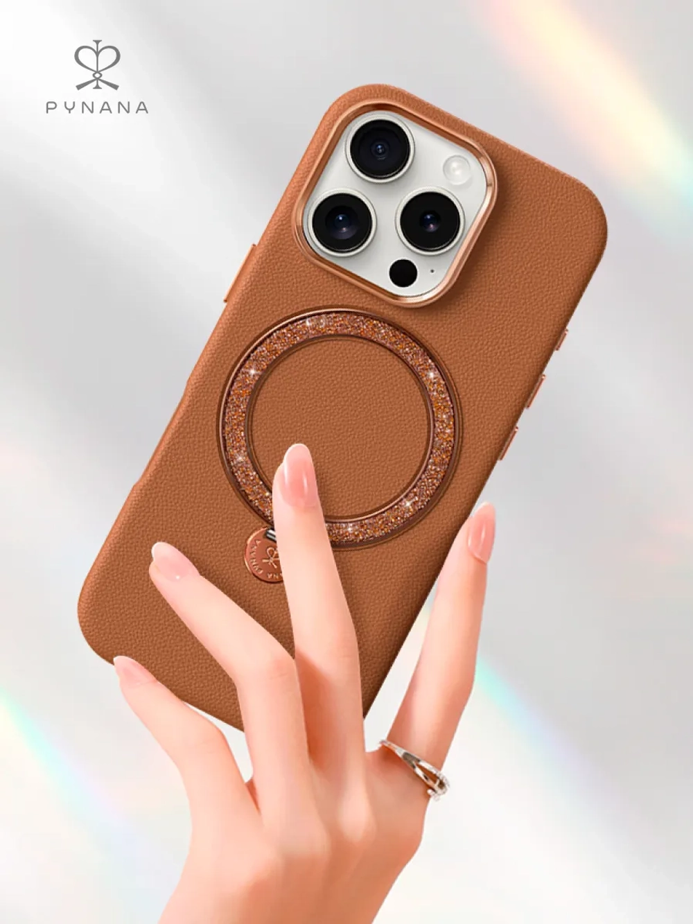 Чехол PYNANA для iPhone 16 Pro Max кожа австрийский хрусталь, нежно-коричневый