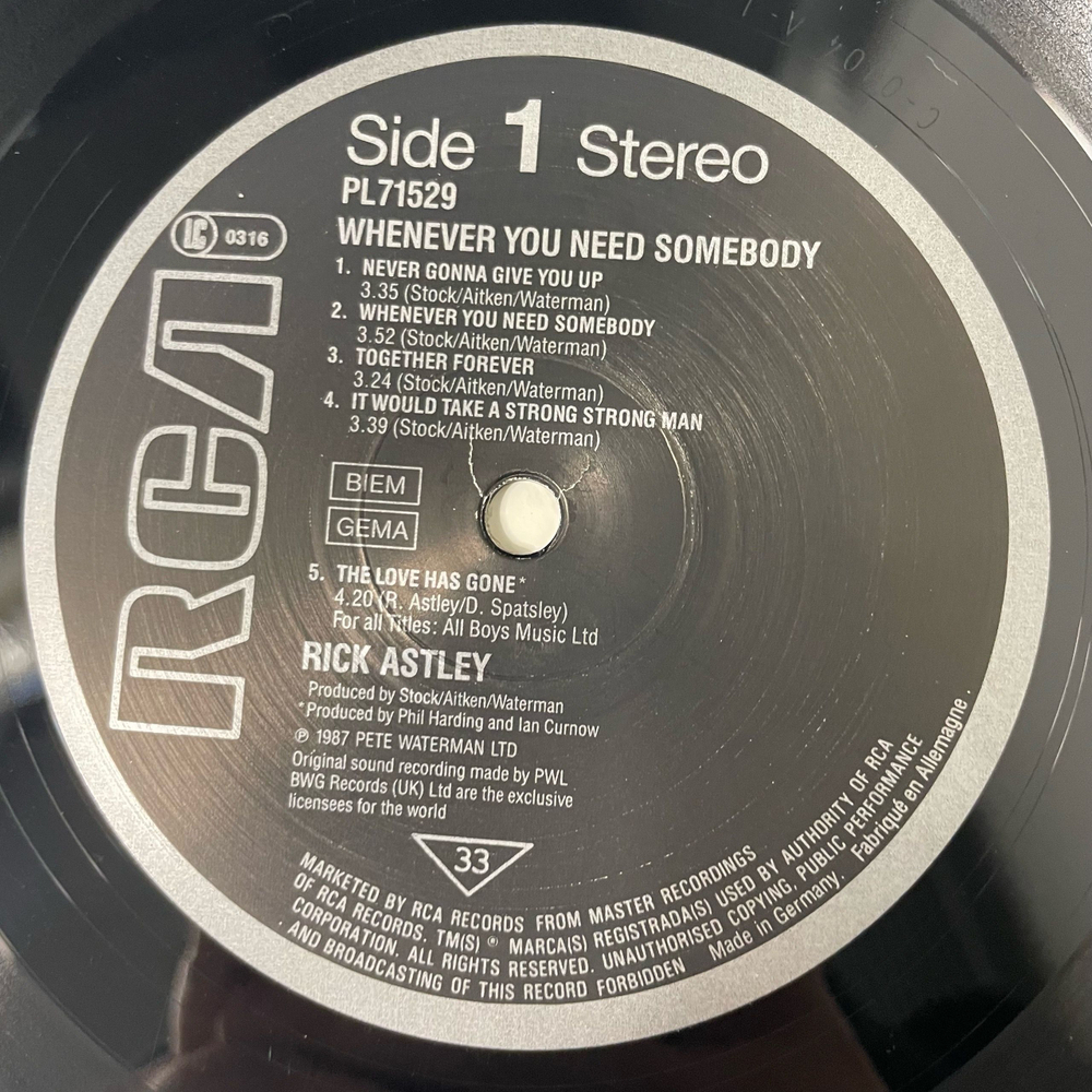 Винтажная виниловая пластинка LP Rick Astley, Whenever You Need Somebody (Германия 1987) Never Gonna Give You Up