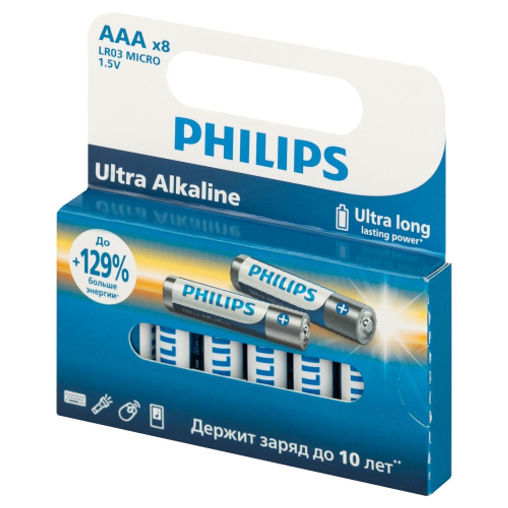 Батарейки Philips LR03E8W/51 ААА алкалиновые 1,5v 8 шт. LR03-8BL Ultra | Philips