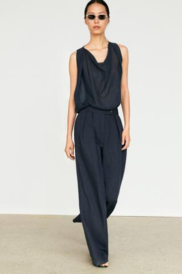 Massimo Dutti Костюмные брюки из меланжевого льна, темно-синий