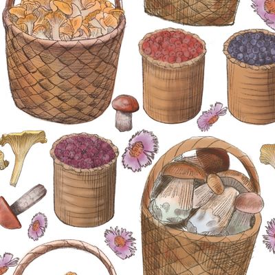 корзинки с грибами и ягодами