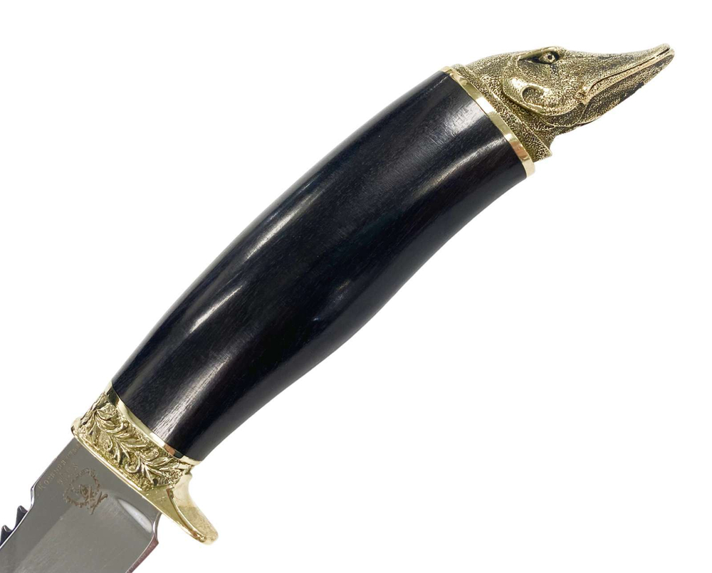 Нож Рыбацкий Щука с серрейтером, кованая 95х18, граб, латунь