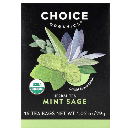 Choice Organics, травяной чай, мята и шалфей, без кофеина, 16 чайных пакетиков, 29 г (1,02 унции)