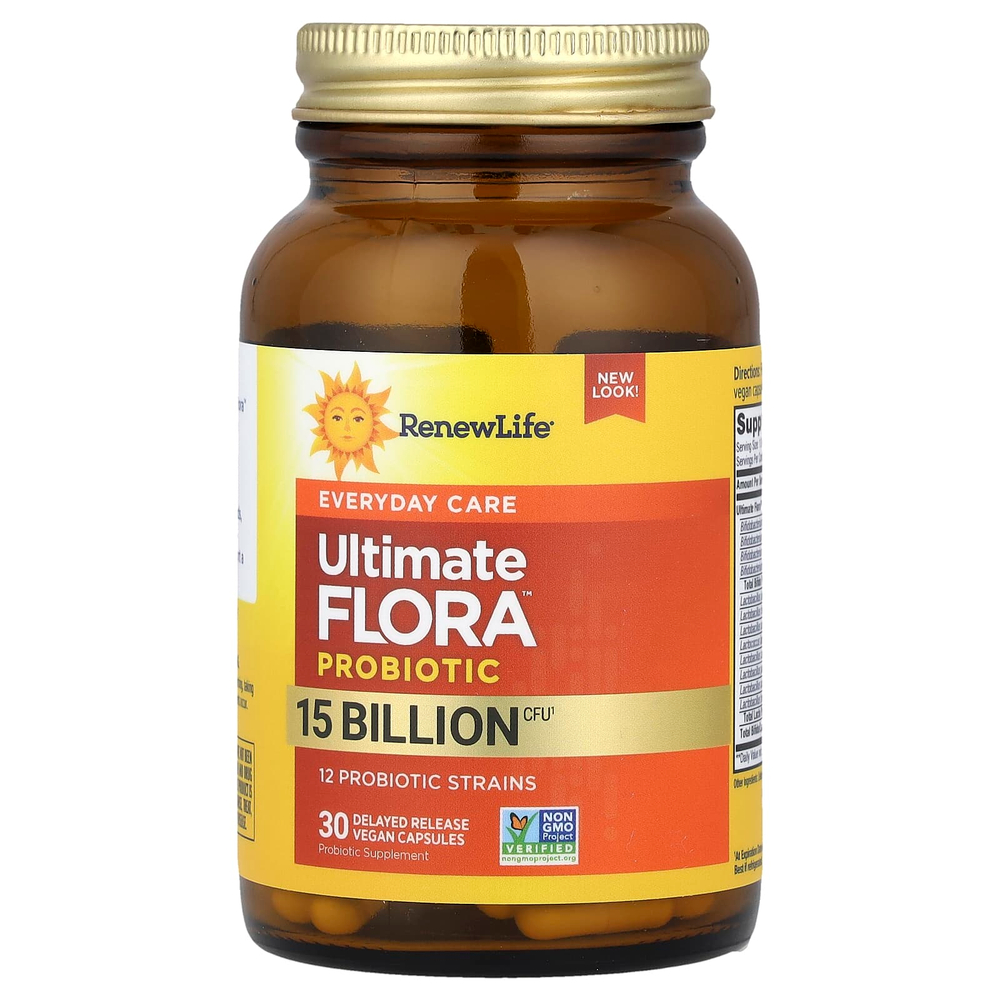 Renew Life, Ultimate Flora™, пробиотик Ultimate Flora™, 15 млрд КОЕ, 30 веганских капсул с отсроченным высвобождением