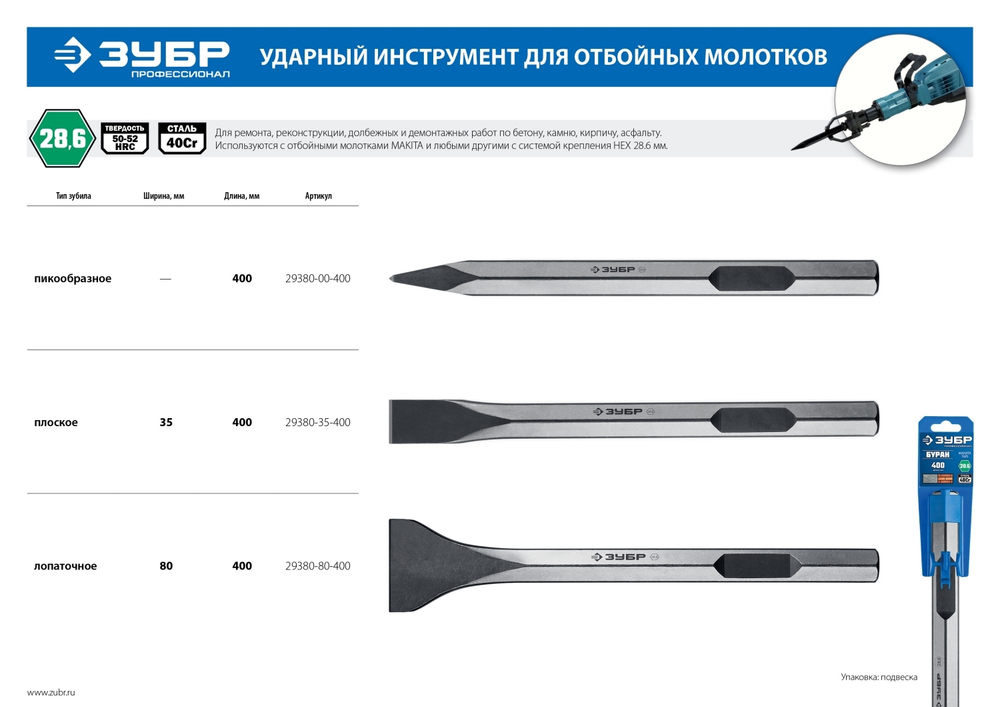 ЗУБР БУРАН, 35 х 400 мм, HEX 28, плоское зубило (29380-35-400)