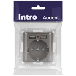 Розетка Intro Accent 6-410-09 с заземлением 2P+E Schuko со шторками 16А-250В + 2хUSB IP20 СУ титан | Intro