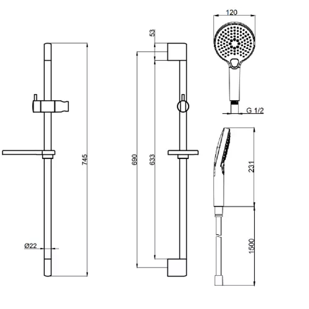 AQM8101MB Душевой гарнитур H=790мм, Ø120 мм, 3 режима, мыльница, шланг 1500мм, Черный матовый