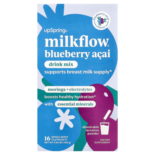 UpSpring, Milkflow®, смесь для приготовления напитка, голубика и асаи, 16 порционных пакетиков по 10 г (0,35 унции)