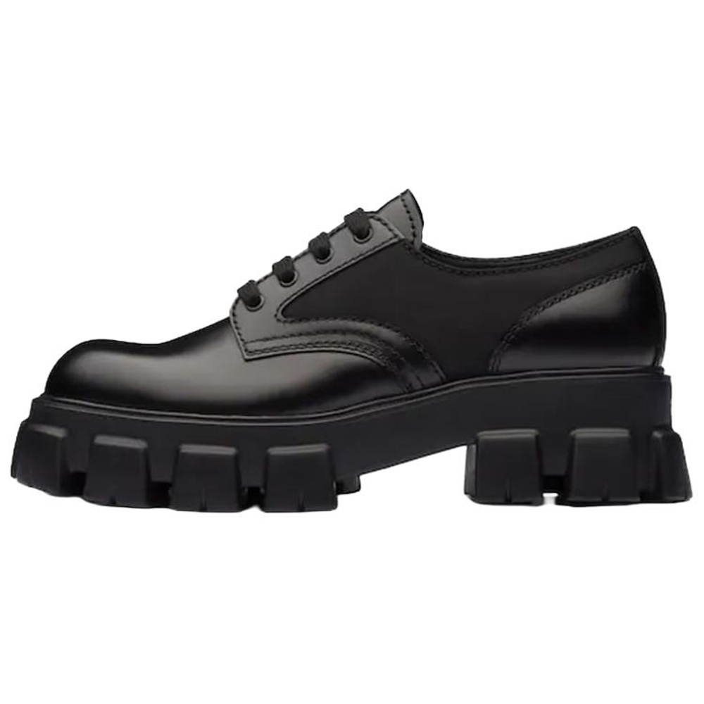 PRADA Monolith Brushed Leather And Nylon Lace Up "Black"