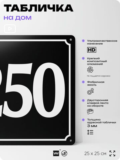 Адресная табличка с номером дома 250, на фасад и забор, черная, 25х25 см, Айдентика Технолоджи