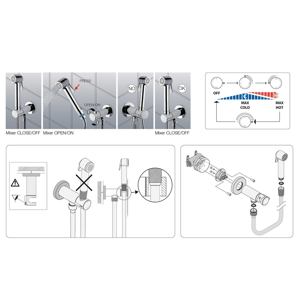 Bossini Paloma Brass Mixer Set гигиенический комплект: смеситель прогрессивный, душ, шланг 1250 мм, держатель с шланговым подключением, цвет хром