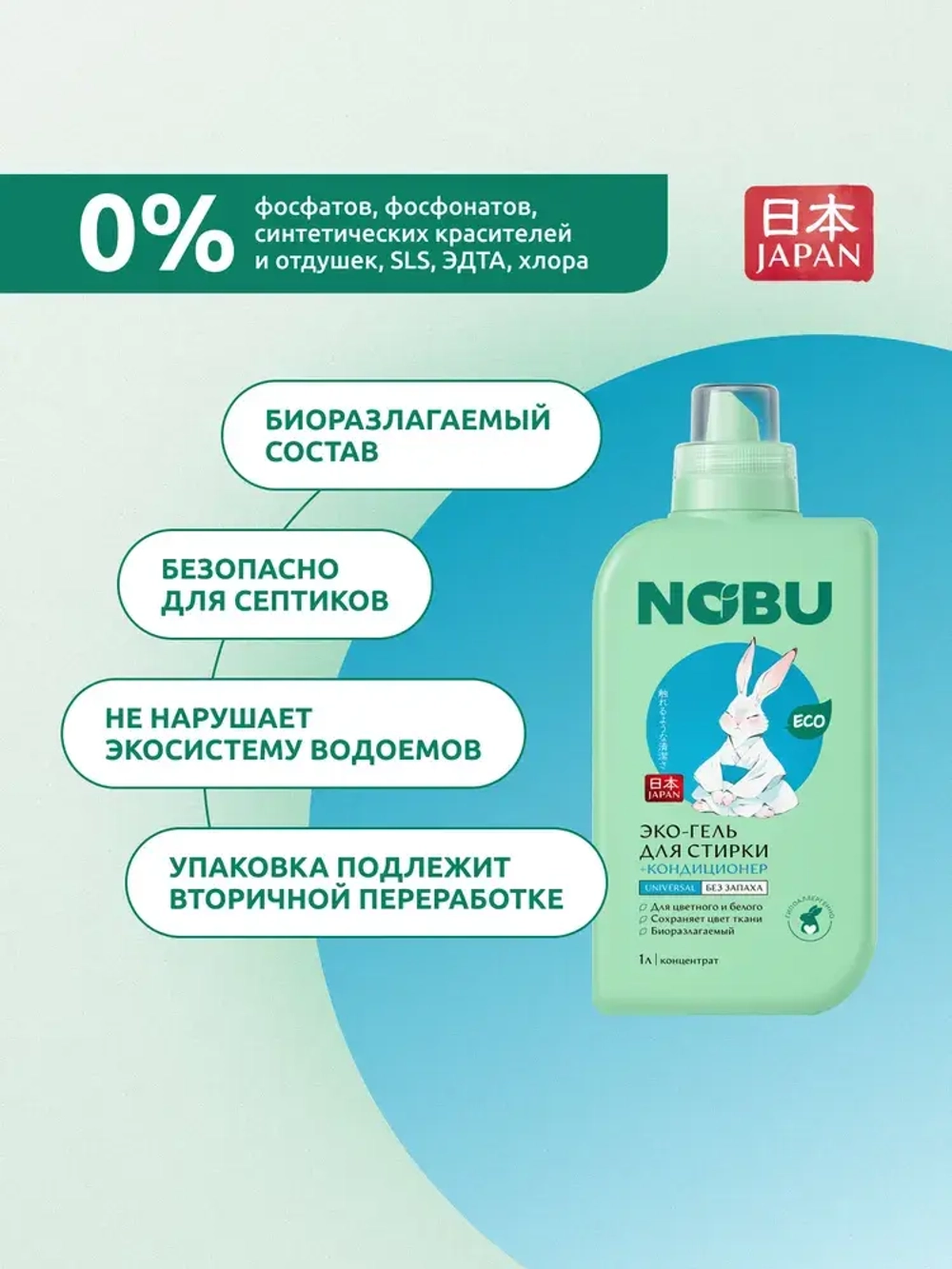 Гель для стирки + кондиционер Nobu, экологичный 2в1 Universal 1л